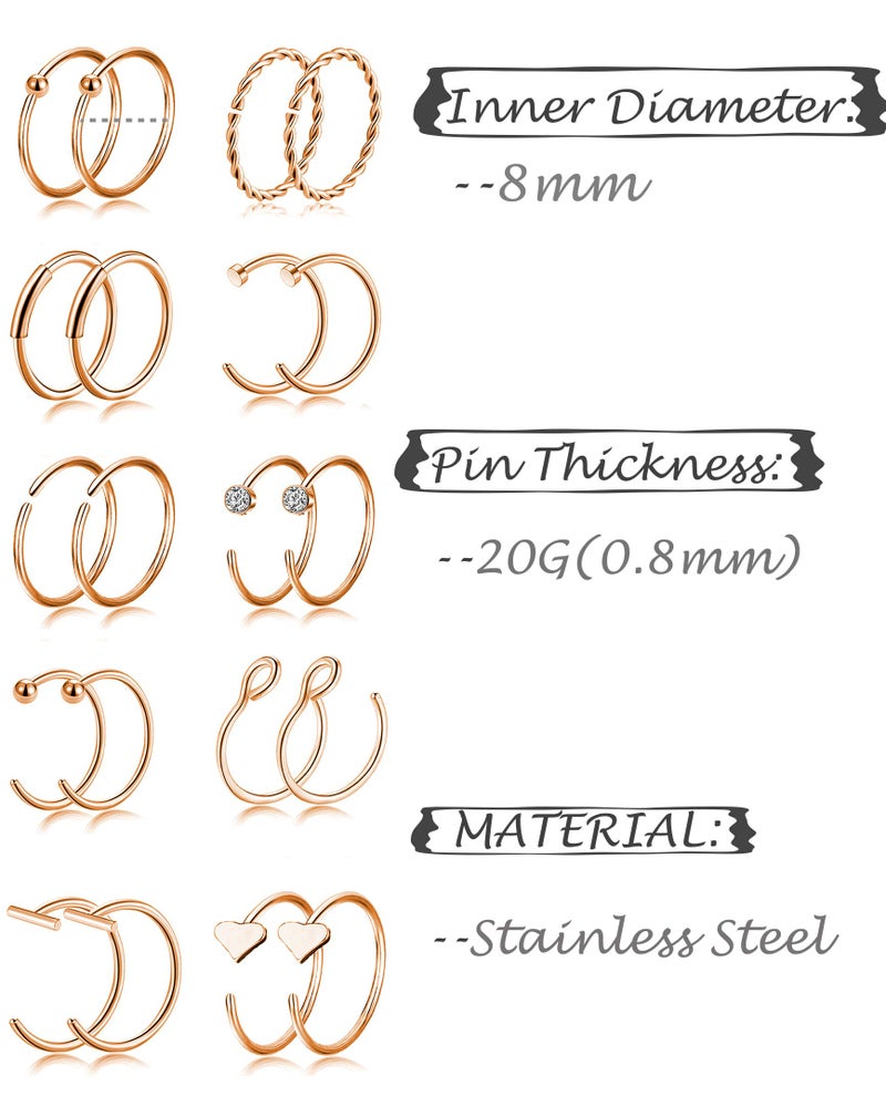 Tornito 20G 38Pcs Stainless Steel Nose Screw Studs Rings CZ Hoop Tragus Cartilage Nose Ring Labret Nose Piercing Jewelry for Men Women (A02:38Pcs, Rose Gold Tone) - Image 4